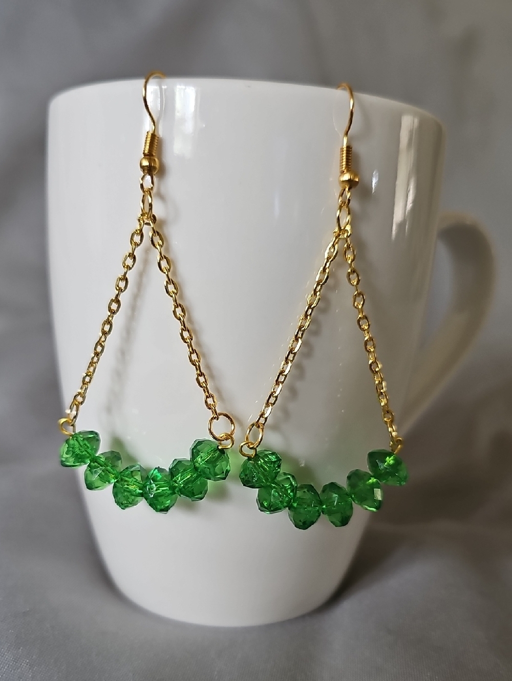Gold Tone Green Bead Dangle Earrings